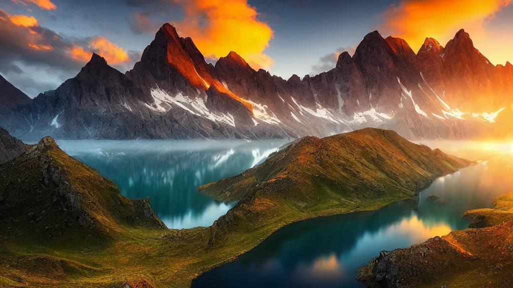 Image similar to amazing landscape photo of mountains with lake in sunset by marc adamus, beautiful dramatic lighting