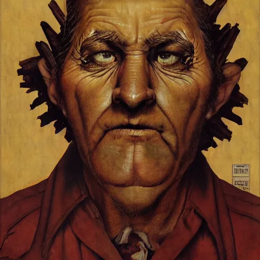 Image similar to pine cone headed man with hard black eyes very surprised, rule of thirds, super sharp, 4 k, ultra detailed, norman rockwell, richard corben.