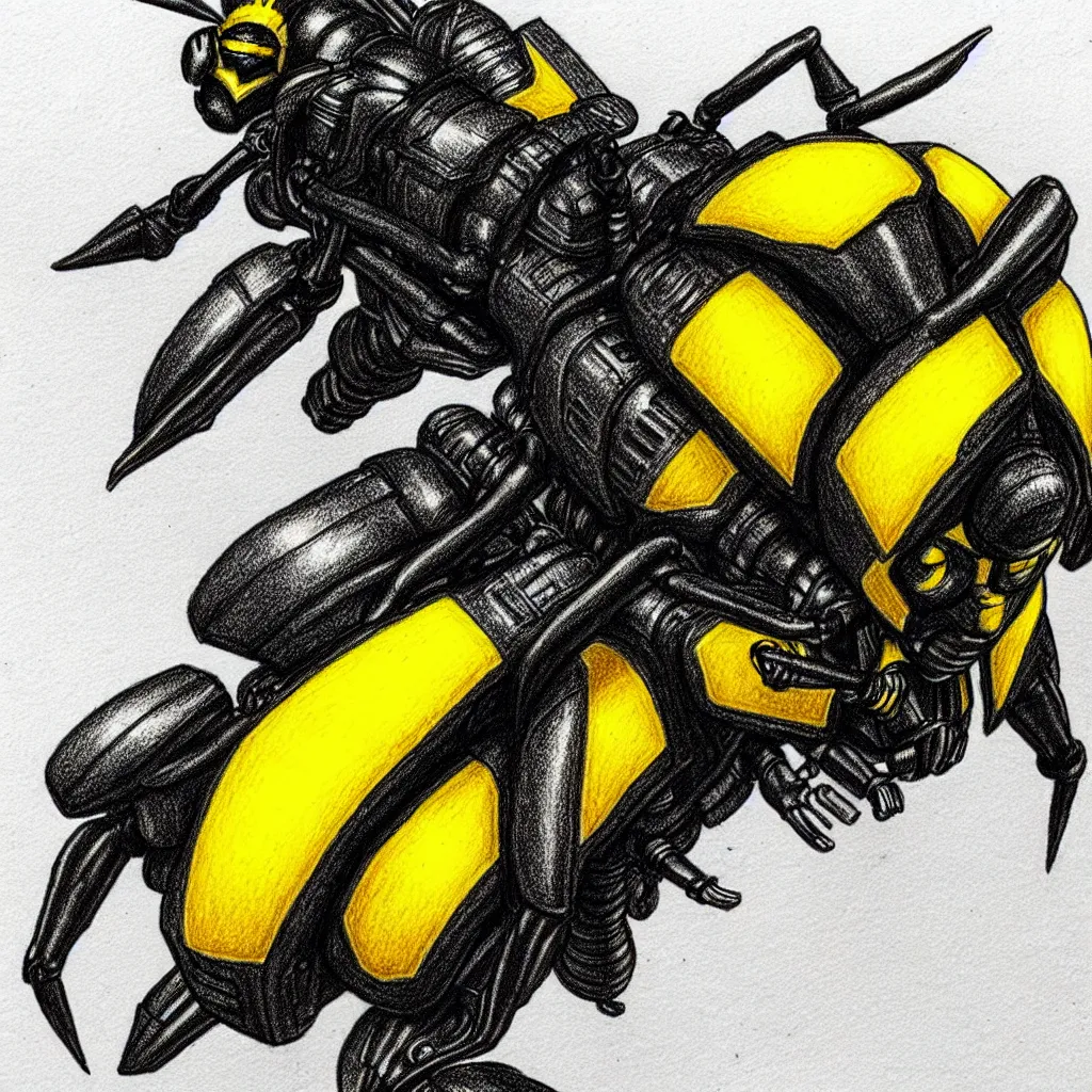 Image similar to bumblebee equipped with a jetpack, drawn with a black 0. 3 mm fineliner on a white paper