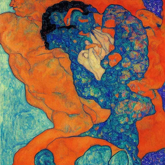 Image similar to close portrait of woman and man kissing. aurora borealis. iridescent, psychedelic lapis - lazuli, turquoise colors. painting by egon schiele, agnes pelton, utamaro, monet