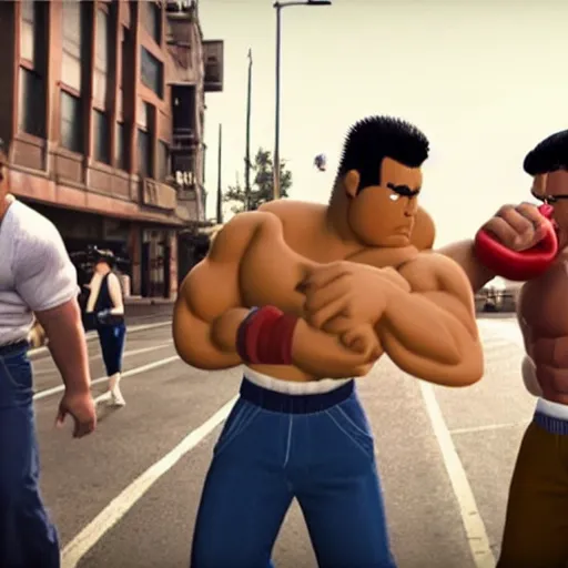 Prompt: film still from the new live - action netflix movie adaptation,'river city ransom'