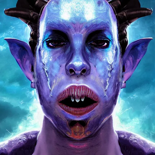 Prompt: blue djinn, horror, male, horns, 3rd eye, by Maciej Kuciara and Jason Chan, ominous, cosmic horror, trending on artstation, Ultra detailed, hyper realistic