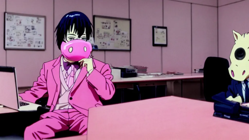 Image similar to a man wearing a pink suit and a pink pig mask sitting in an office, anime film still from the an anime directed by Katsuhiro Otomo with art direction by Salvador Dalí, wide lens