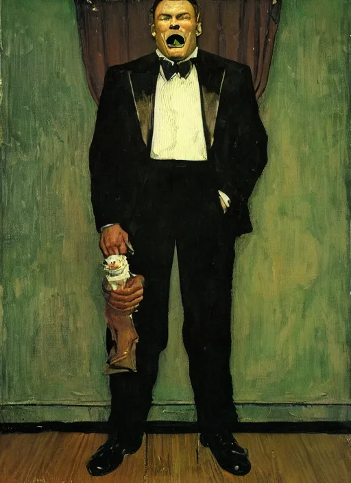 Image similar to full body and head portrait of a huge werewolf in a tuxedo in a dark and dingy dystopian apartment lit by green light, painted by norman rockwell and tom lovell and everett raymond kinstler