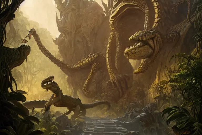 Image similar to path to the crocodile god lair, menacing statues of reptiles, deep focus, d & d, fantasy, intricate, elegant, highly detailed, digital painting, artstation, concept art, matte, sharp focus, illustration, hearthstone, art by artgerm and greg rutkowski and alphonse mucha