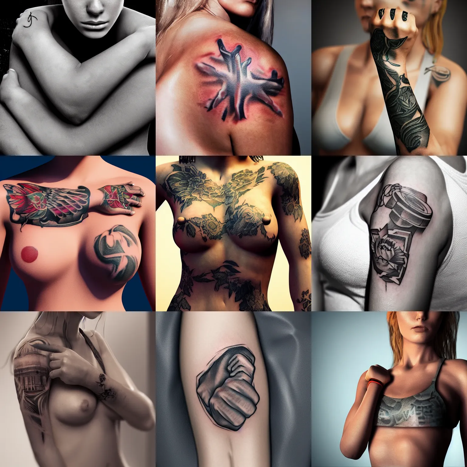 Prompt: tattoo with a fist on the woman's body, octane render, cinematic, hyper realism, 8k, depth of field, highly detailed