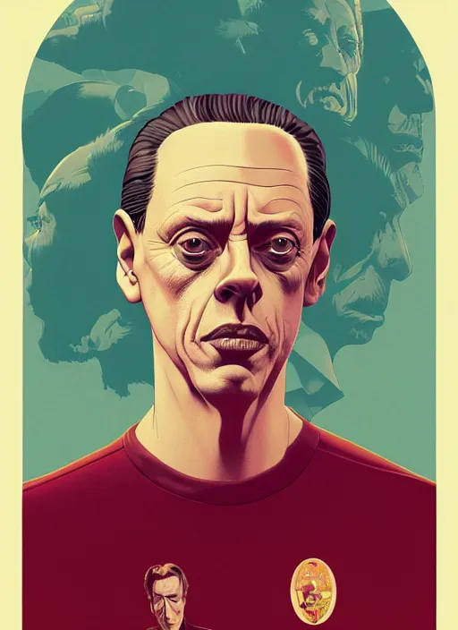 Image similar to poster artwork by Michael Whelan and Tomer Hanuka, Karol Bak of Steve Buscemi the local gas station attendant, from scene from Twin Peaks, clean, simple illustration, nostalgic, domestic, full of details