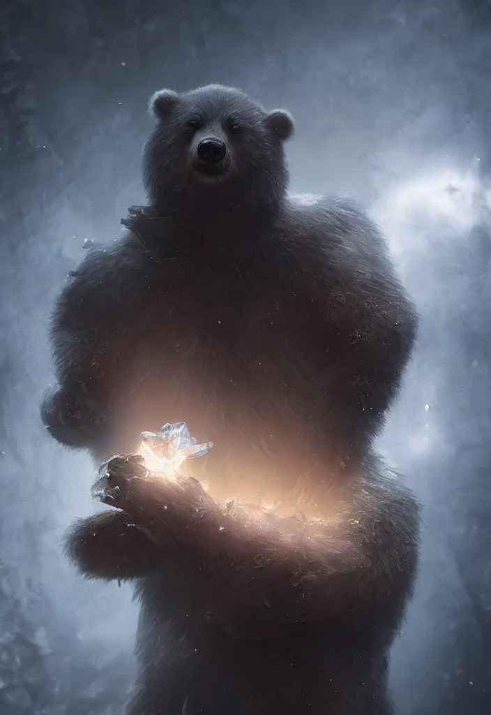 Image similar to a small crystal bear trinket by greg rutkowski, sung choi, mitchell mohrhauser, maciej kuciara, johnson ting, maxim verehin, peter konig, bloodborne, 8 k photorealistic, cinematic lighting, hd, high details, dramatic, dark atmosphere, trending on artstation