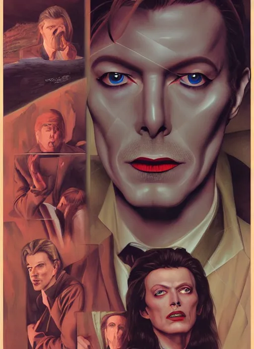 Image similar to twin peaks poster art, portrait of david bowie learns from synthizia where the next clue lies, by michael whelan, rossetti bouguereau, artgerm, retro, nostalgic, old fashioned