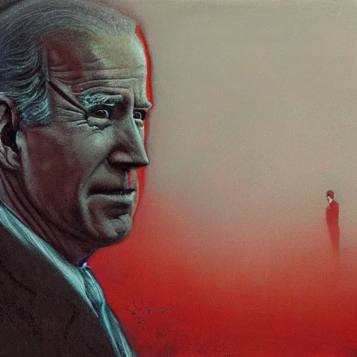 Image similar to presidential portrait of joe biden with shadowy mist pouring from mouth and nose as slenderman, by beksinski, jon mcnaughton, and stephen gammell