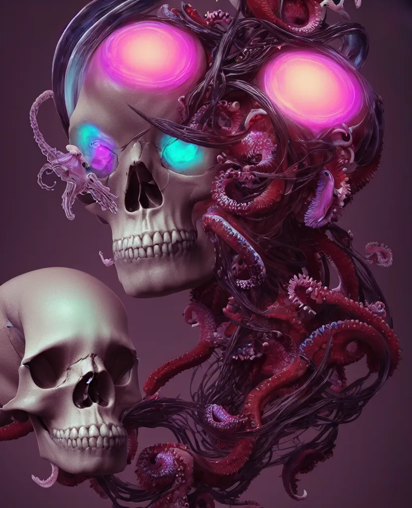 Image similar to goddess close - up portrait human skull, ram skull, squid phoenix jellyfish, orchid, betta fish, bioluminiscent, intricate artwork by tooth wu and wlop and beeple. octane render, trending on artstation, greg rutkowski very coherent symmetrical artwork. cinematic, hyper realism, high detail, octane render, 8 k