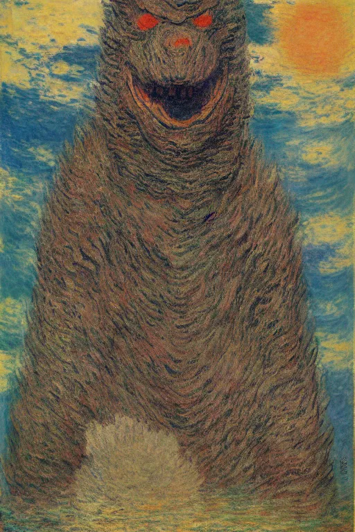 Image similar to portrait of shinzo abe as Godzilla painting by claude monet