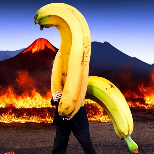 Image similar to Chinese president with bananas in hand in epic stance fighting dragon on flaming mountain, bananas weapon, painting, epic