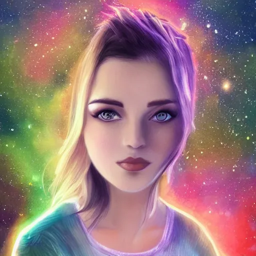 Prompt: a photo of a young woman with short brown hair, green eyes, beautiful trees in the background, night sky with multicolor stars and galaxies, trending on artstation