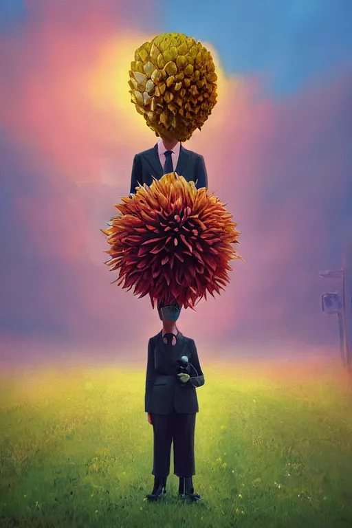 Image similar to giant dahlia flower head, frontal, girl in a suit, standing in street, surreal photography, sunrise, dramatic light, impressionist painting, digital painting, artstation, simon stalenhag