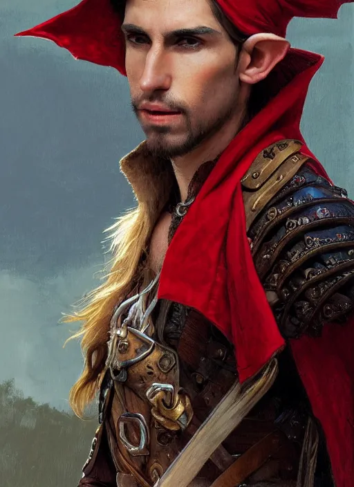Prompt: medium-length portrait of a male half-elf warrior with an undercut and brown eyes, fair skin, cocky expression, wears a fancy bright red pirate coat with no undershirt, medieval setting, highly detailed, digital painting, artstation, concept art, sharp focus, illustration, art by greg rutkowski and alphonse mucha