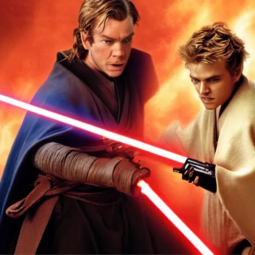 Prompt: Ewan McGregor as Anakin Skywalker fights Hayden Christensen as Obi-Wan Kenobi, with lightsabers, in an epic fight at dawn, photorealistic
