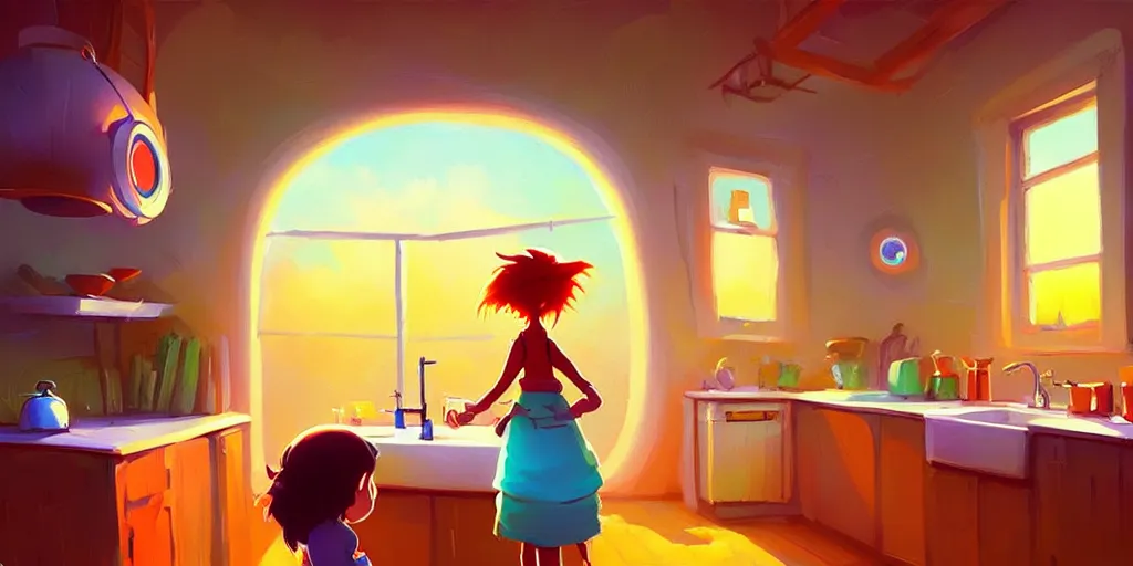 Image similar to fisheye spiral lines, naive nerikomi, weird perspective, extra narrow, detailed illustration of a kitchen dimly lit by rhads from lorax movie, trending artstation, true color