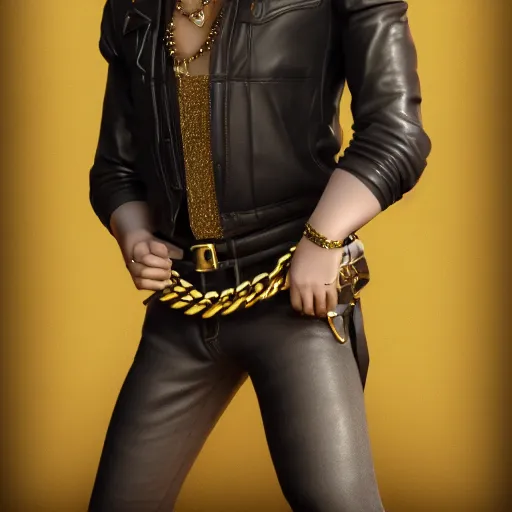 Image similar to a highly detailed full-length man with dark brown short hair, a dark beard, in black leather clothes, with a gold chain and a gold belt, artstation, DeviantArt, professional, octane render