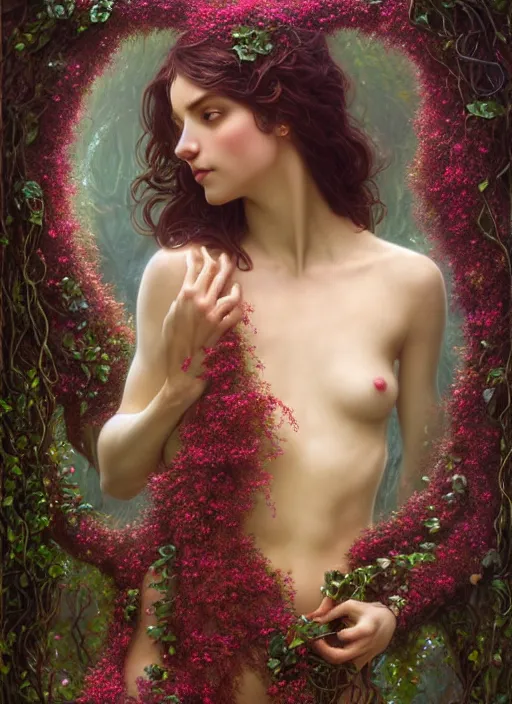 Image similar to beautiful full body portrait of the great fairy fountain, her body wrapped with ivy vines and flowers, dark fantasy esoteric, d & d, fantasy, cinematic lighting, intricate, elegant, highly detailed, digital painting, artstation, concept art, matte, sharp focus, illustration, art by artgerm and tom bagshaw and greg rutkowski and alphonse mucha