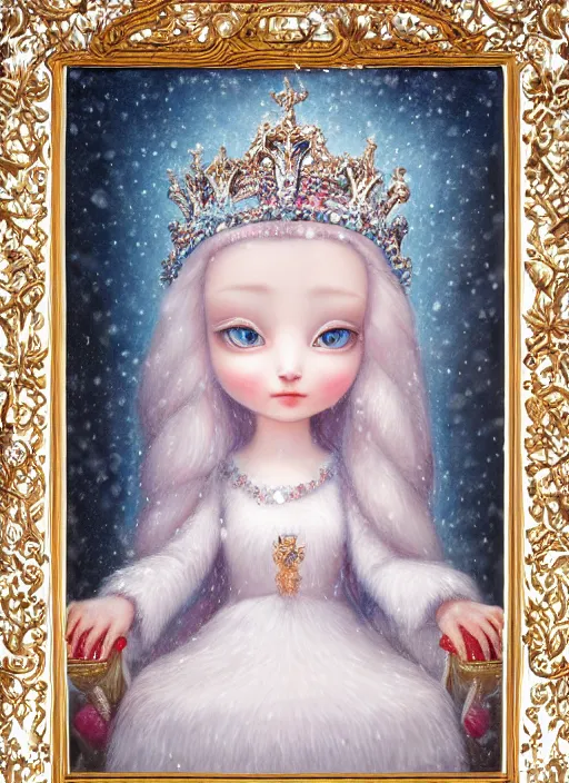 Prompt: highly detailed closeup portrait of a snow, ice princess wearing a crown and sitting on a throne surrounded by fluffy bears, nicoletta ceccoli, mark ryden, lostfish, earl nore, global illumination, god rays, detailed and intricate environment