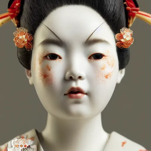 Image similar to portrait of a geisha porcelain doll, fractal, intricate, elegant, highly detailed, digital photography, subsurface scattering, by jheronimus bosch and james jean and greg rutkowski,