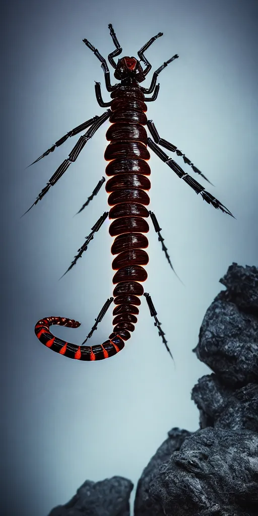 Prompt: professional photo shot of a cybernetic scolopendra made of silica crystal, rocks in the background, surrounded by of fog, grimy, gritty, trending on artstation, award winning, close shot, by aleks labuda and barry webb