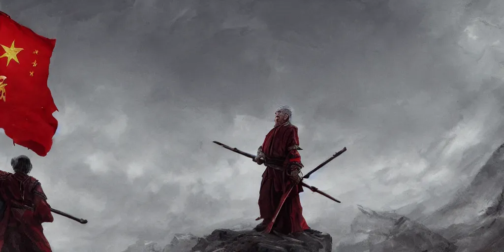 Prompt: overhead mid shot cinematic artwork of an old Caucasian man on a battlefield with a staff and wearing robes looking to a vast ancient Chinese army wearing red armor and holding red flags in the distance by greg rutowski, masterpiece, fantasy, 4k