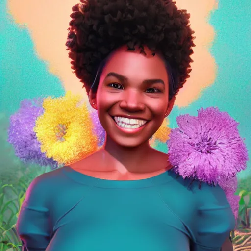 Image similar to portrait of a smiling beautiful black woman who looks like nia long with big curly afro surrounded by falling flower petals with lush savannah in the background by argerm, face by wlop, full color digital illustration trending on artstation, octane render