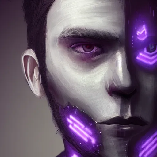 Image similar to professional digital art of a stylish young adult man with a black face mask, earrings, and dark clothes, high quality, HD, 8K, highly detailed, award-winning, sci-fi, fantasy, movie character, concept art, fashion, dark purple clouds, night