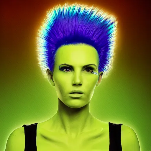 Prompt: a portrait of a somber women with a bright green mohawk, cyberpunk