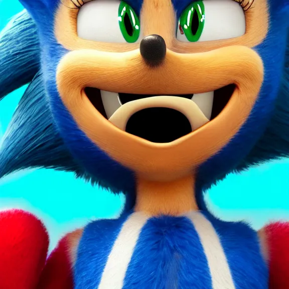 Image similar to High definition picture of ugly sonic with a toothache grin snarling at eggman