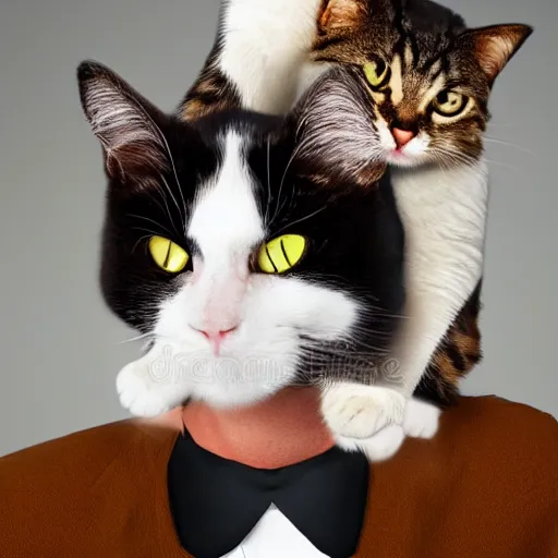 Image similar to a cat sitting on an angry man's head, stock photo