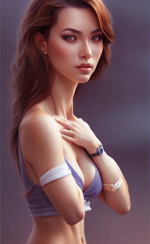 Image similar to full body photo of a gorgeous young woman in the style of stefan kostic, realistic, sharp focus, 8k high definition, insanely detailed, intricate, elegant, art by stanley lau and artgerm