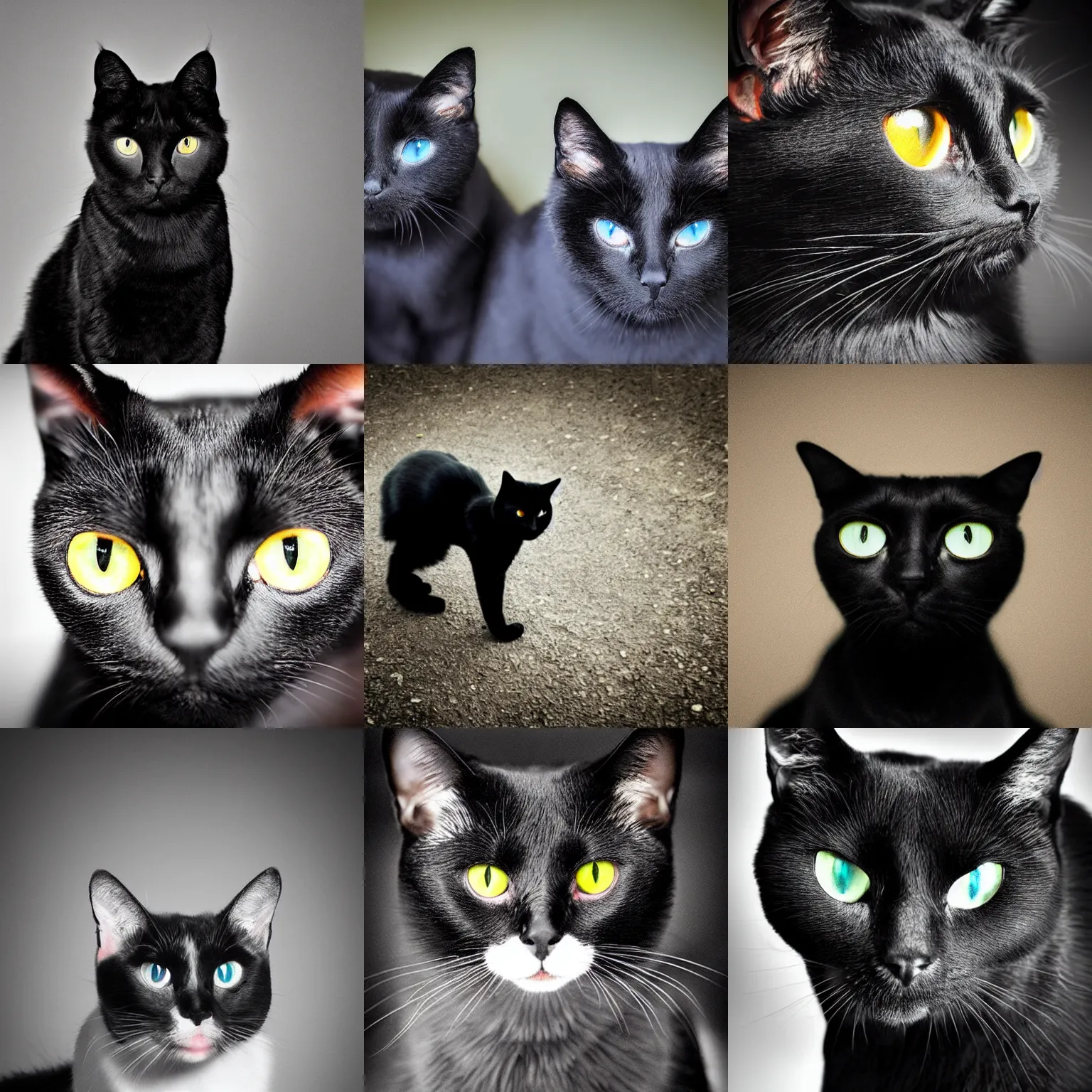 Prompt: amorphous black shapeless cats with bright eyes | photograph