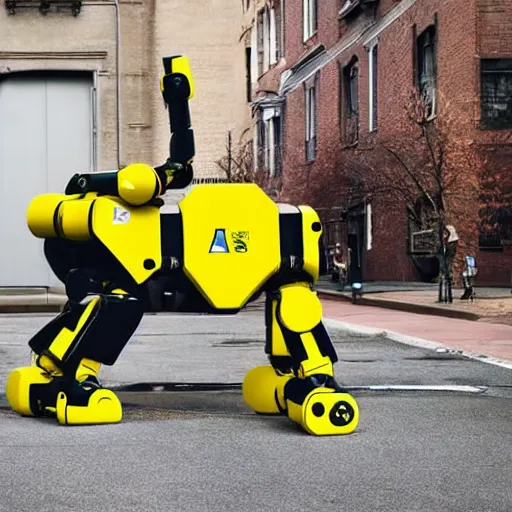 Prompt: atlas robot, boston dynamics atlas, atlas and spot, spot robot dog, humanoid robot, robot dog, yellow robot dog, boston dynamics, 2 0 2 2 promo image