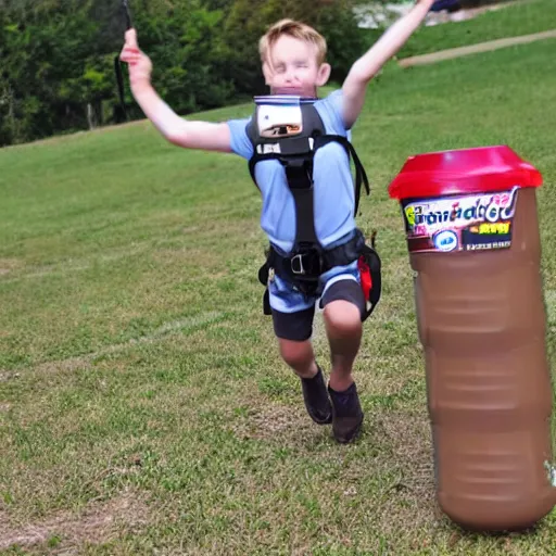 Prompt: eight year old kid flying with a chocolate milk jet pack