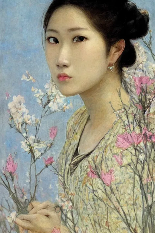 Image similar to close - up fashion asian woman portrait airy flowers sacura cloudy sky art by vasnetsov