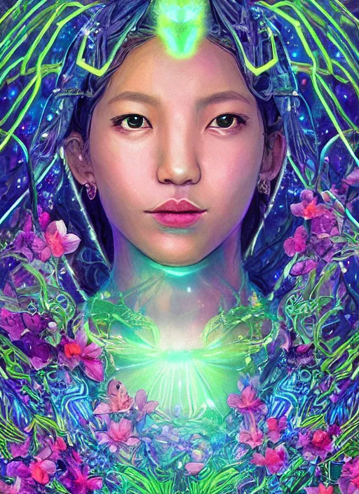 Prompt: portrait of Lalisa Manobal as a Celestial Goddess of a futuristic pearlescent holographic, inside future fighter, sci-fi, fantasy, intricate, lush garden spaceship with sakura season flowers in Kyoto Japan, elegant, human anatomy, royal green and nature light, highly detailed, digital painting, artstation, concept art, smooth, sharp focus, illustration, art by tian zi and WLOP and alphonse mucha, masterpiece, 3d blender