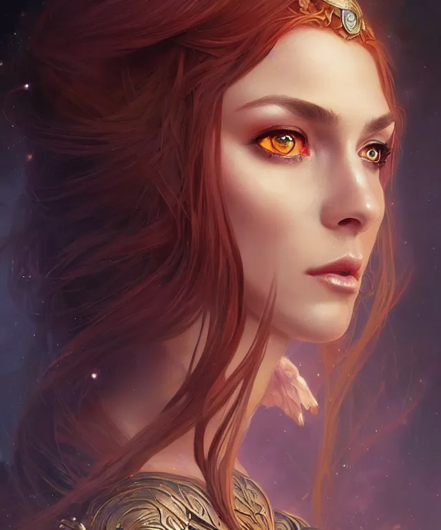 Image similar to fantasy magic woman portrait, sci-fi, amber eyes, face, long hair, fantasy, intricate, elegant, highly detailed, digital painting, artstation, concept art, smooth, sharp focus, illustration, art by artgerm and greg rutkowski and alphonse mucha