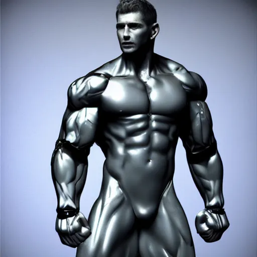 Image similar to a realistic detailed photo of a bodybuilder who is also a male android Chris Redfield, shiny skin, posing robotically, blank stare