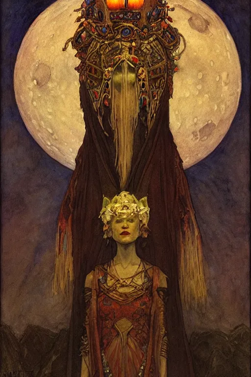 Image similar to queen of the moonlit dead with her lantern and regalia, by Annie Swynnerton and Nicholas Roerich and jean delville, dramatic cinematic lighting , ornate headdress , flowing robes, lost civilizations, extremely detailed