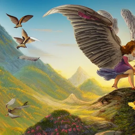 Prompt: a princess flying on a giant pigeon in the distance, landscape illustration, beautiful mountains in the distance, fairy-tale illustration, high detail - n 5