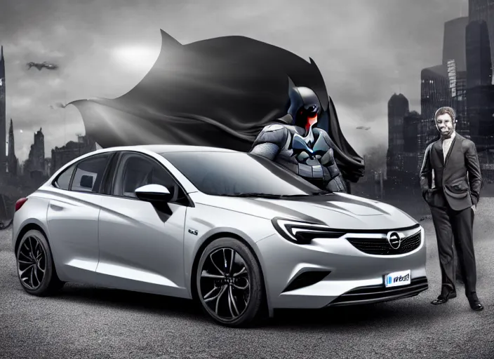 Prompt: batman standing next to 2 0 2 2 opel sedan, vehicle photography