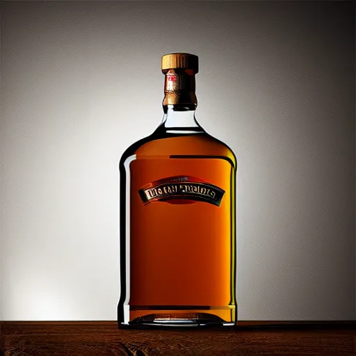 Prompt: photorealistic rendering of whisky bottle for advertising, blank black label, studio light - n 4