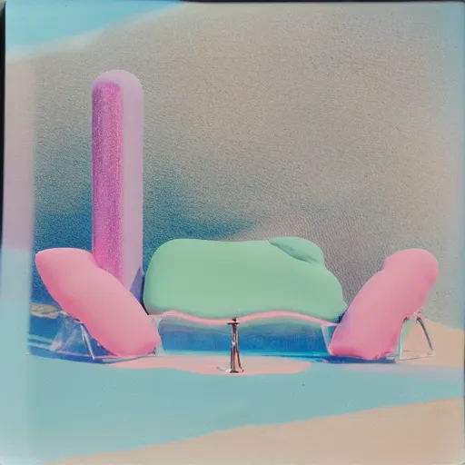 Image similar to a pastel colour high fidelity Polaroid art photo from a holiday album at a pink desert with abstract inflatable parachute furniture, all objects made of transparent iridescent Perspex and metallic silver, no people, iridescence, nostalgic