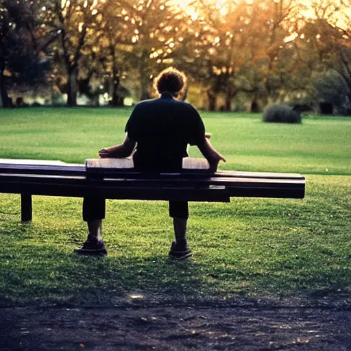 Image similar to 1 9 9 0 s candid 3 5 mm photo of a man sitting on a bench in a park writing in a notebook, cinematic lighting, cinematic look, golden hour, the clouds are epic and colorful with cinematic rays of light, photographed by petra collins, hyper realistic