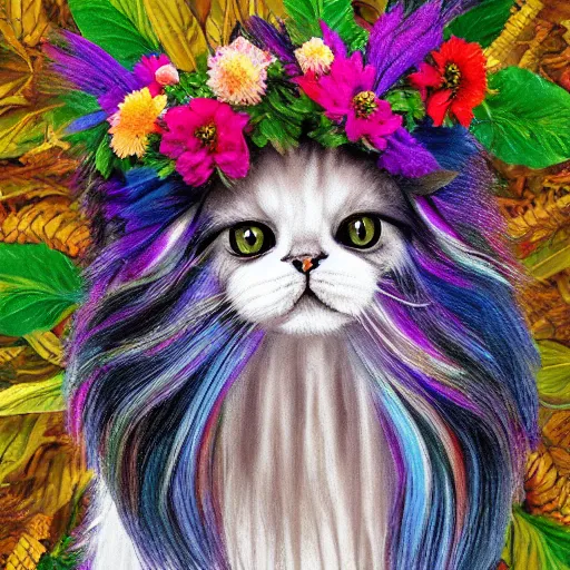 Image similar to long haired persian cat with long colorful fur made of leaves and flower crown detailed painting 4 k