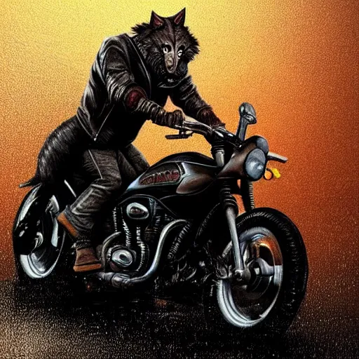 Prompt: werewolf in a leather jacket riding a motorcycle in the rain, character art, trending on artstation