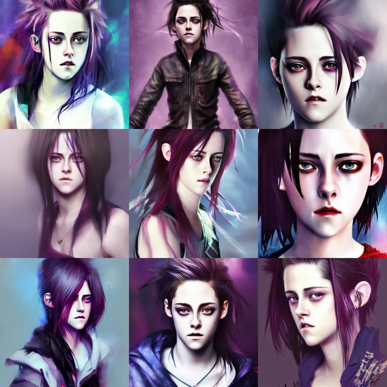 Prompt: Anime portrait of Kristen Stewart with deep-purple-skin, detailed, digital painting, style by Ruan Jia and Fenghua Zhong